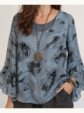 Silk Abstract Floral Bell Sleeve Blouse Sheer Layered Flowy Italy Tendenze L